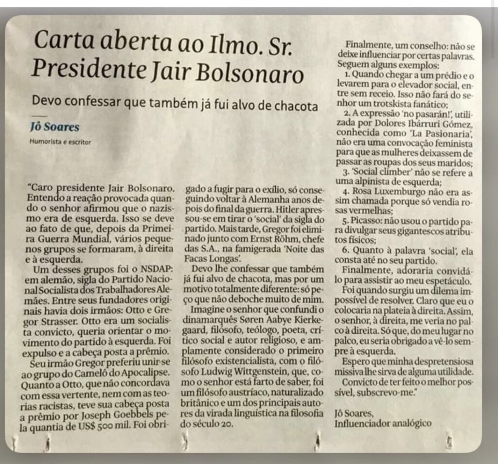 Carta de Jô Soares a Jair Bolsonaro